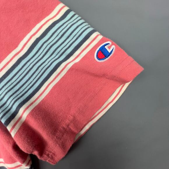 Champion Stripe Tee Coral Blue White Retro Skater Fit Small - Picture 3 of 6